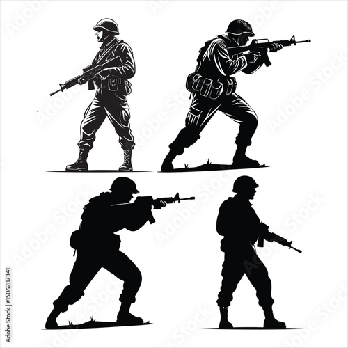 Silhouette vector set of American soldier holding gun. On white background