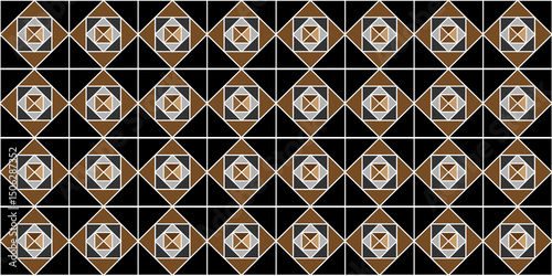 Seamless Geometric Tile Pattern with Black, Gold, and White Elements, Modern Abstract Diamond and Square Design in Earth Tones, 
Elegant Geometric Repeat Background with Symmetrical Shapes.