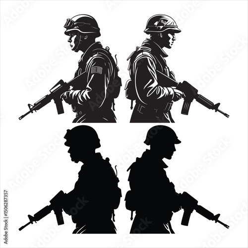 Silhouette vector set of American soldier holding gun. On white background