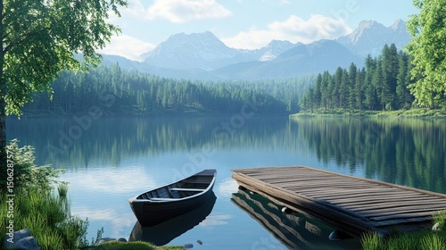 Serene Mountain Lake Escape: A Wooden Rowboat by a Tranquil Wooden Dock