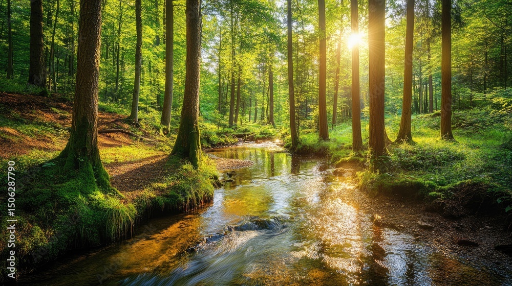 Obraz premium Golden Hour in the Enchanted Forest: A Serene Stream Flows Through Lush Greenery, Bathed in Sunlight