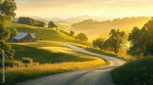Golden Hour Countryside: Serene Farmhouse on Rolling Hills