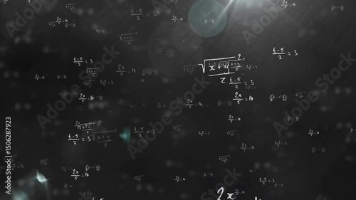 Opening void showing drifting dust fading chalk formulas and pulsing lens flare visualizing algebra