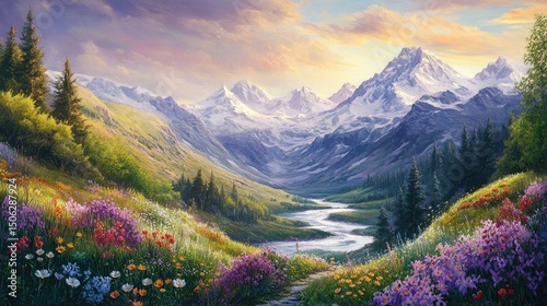 Serene Mountain Valley at Sunrise: A Breathtaking Landscape