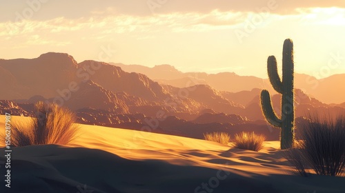 Golden Hour Desert Landscape: Majestic Cactus Silhouette at Sunset
