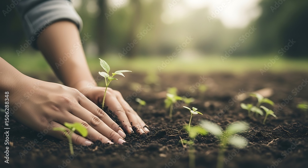Fototapeta premium Close up of hands planting young green seedling in rich soil outdoors