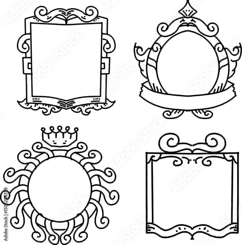 featuring four black and white pixel decorative frames with different designs