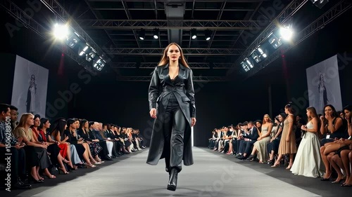 Confident model walks runway in leather outfit at fashion show event