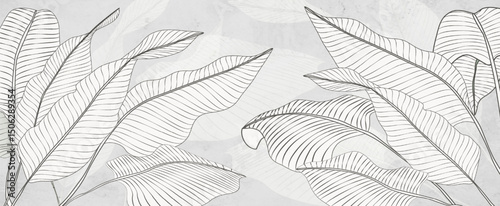 Black and white tropical art background with exotic plant leaves hand drawn in line style. botanical banner for decor, print, textile, wallpaper, packaging, interior design.