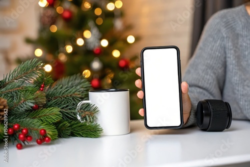 Blank smartphone mockup christmas tree and holiday decorations
