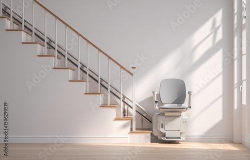 Modern stairlift positioned base of staircase bright, minimalist interior. design emphasizes accessibility and comfort