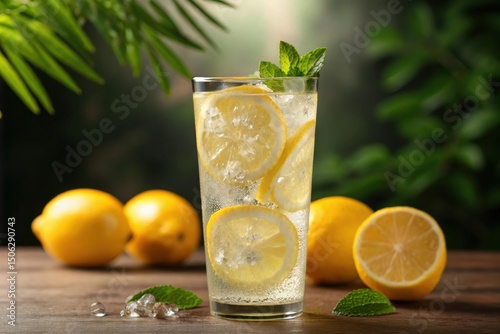 Lemonade drink with fresh lemons and mint on wooden table