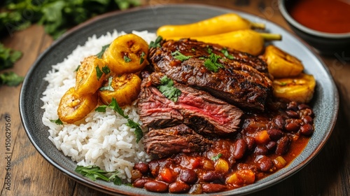 Delicious steak with rice, beans, and plantains a savory dish featuring grilled steak, fluffy rice, hearty beans, and sweet plantains perfect for a flavorful meal