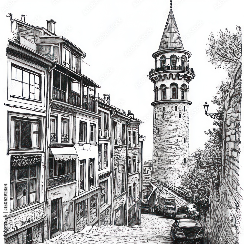 Obraz premium A Pen-and-Ink Sketch of a Charming Istanbul Street Scene