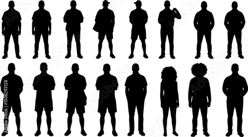 Vector silhouettes man and women, illustration. Silhouettes of young people posing in casual clothes. EPS 10 version.