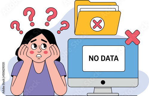  a distressed woman looking at a computer screen displaying "NO DATA", accompanied by question marks floating around her head and icons indicating file errors.