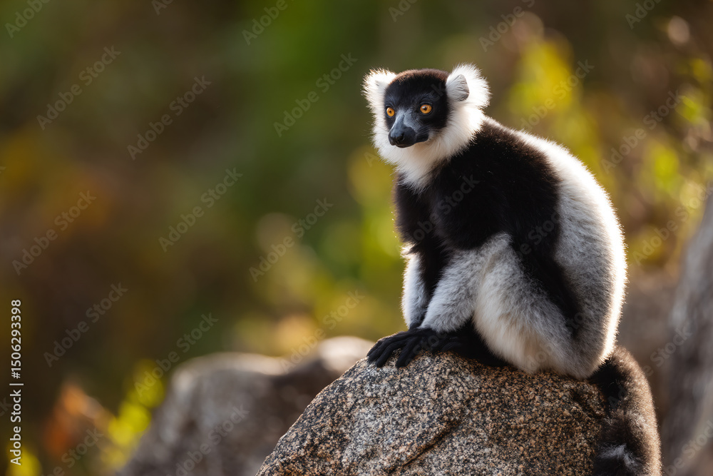 Obraz premium a black and white lemur sitting on a rock