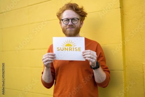 Man with sunrise sign stands against vibrant yellow backdrop