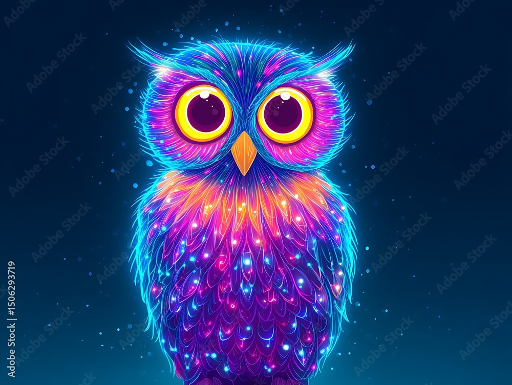 Obraz premium Glowing digital owl with bright cosmic fractals and neon particles