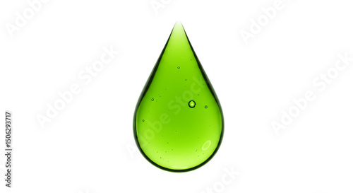 A singular green liquid drop with small bubbles isolated against a white background in a studio shot
