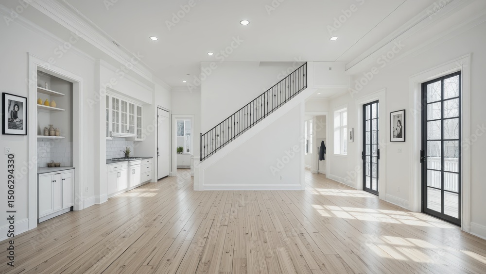 Obraz premium Spacious Modern Interior of a Bright Home with Open Layout and Elegant Staircase