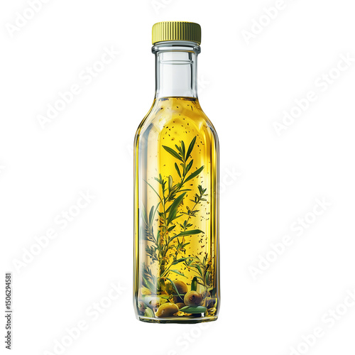 Infused olive oil bottle with herbs and olives product visual isolated on transparent background 