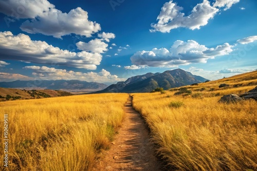 Golden field path leading to mountains under a cloudy sky