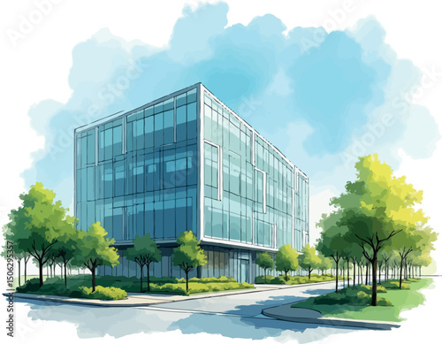 atercolor-style illustration depicts a modern glass office building surrounded by lush green trees and a street. 