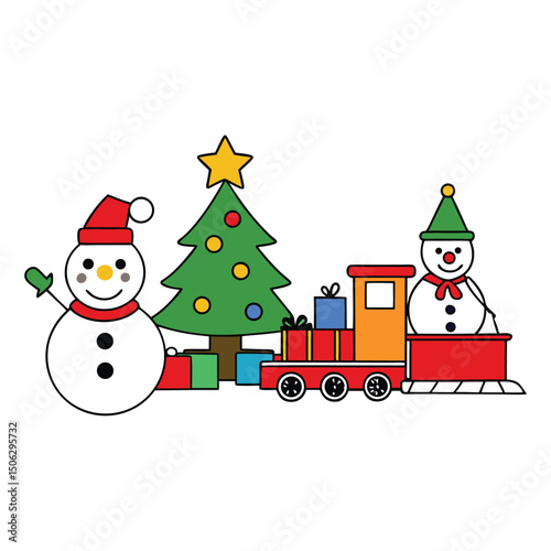 A festive train with Santa, reindeer, and a snowman rolls through snowy scenes, carrying gifts and a Christmas tree, spreading holiday cheer and magic!
