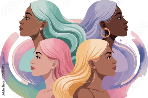  the faces of four diverse women of different ethnicities and hair colors, arranged to face outwards from a central point.