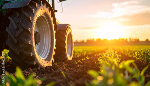 Golden Horizon on the Farm: A tractor works the rich soil beneath a vibrant sunset, its rugged tires imprinted in the land, and promising a harvest on the sunlit field. 
