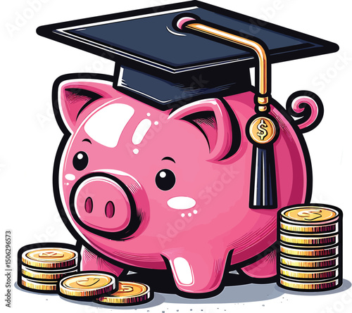 Vector illustration of a piggy bank wearing a graduation cap with coins representing education savings and student finance