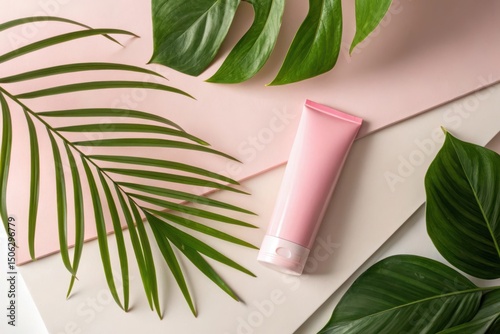 Pink cosmetic tube with tropical leaves on pastel background
