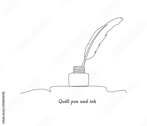 vector continuous one line drawing of a feather pen and inkwell