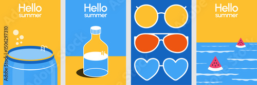 Bright and cheerful summer illustration with sunglasses, watermelon, and water bottle in minimalist pop style for seasonal design and greeting visuals.