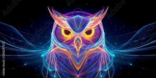 Abstract glowing owl made of neon electric fractals and cosmic light