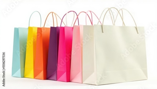 Paper shopping bag, handles, isolated on white background, retail therapy, image