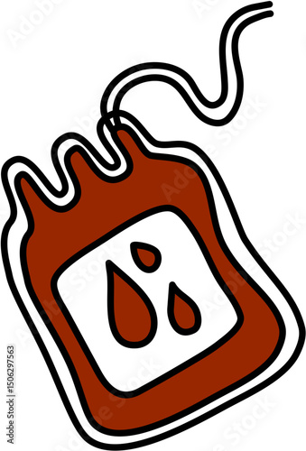 Cartoon illustration of a blood donation bag with drops