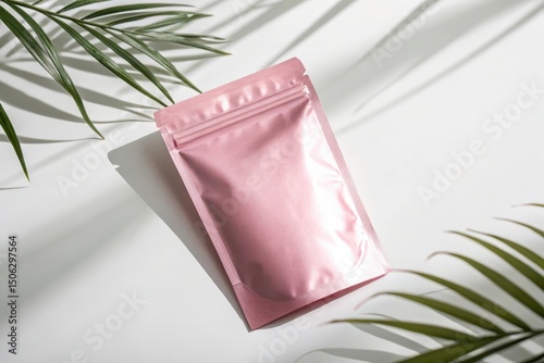 Pink pouch mockup with palm leaves on white surface design