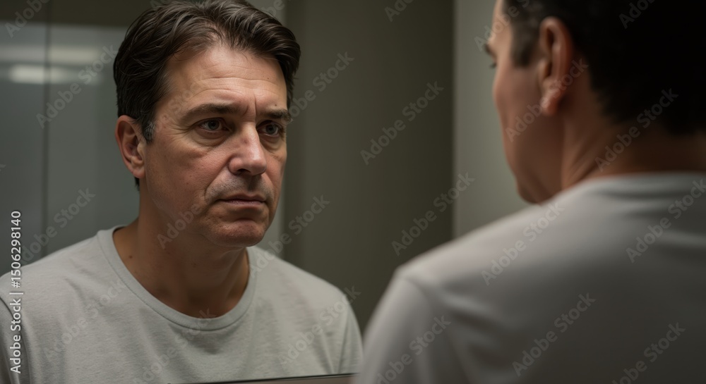 Man reflecting in mirror with serious expression in bathroom  