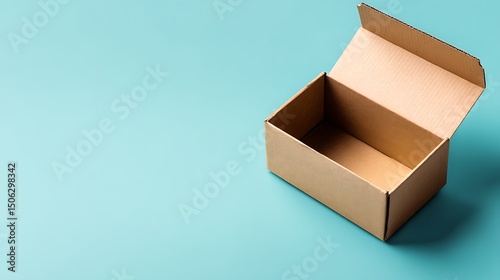 Open cardboard box on clean solid color background for e-commerce theme. Ideal minimal composition for delivery, unboxing, shipping, packaging, retail or branding content layout.