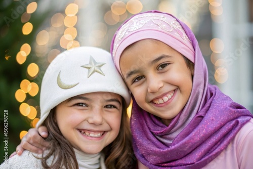 Two young girls smiling wearing hijab and muslim hat portrait