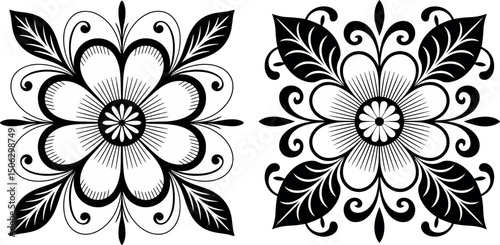  two stylized floral designs rendered in black and white with intricate lines and swirling elements.