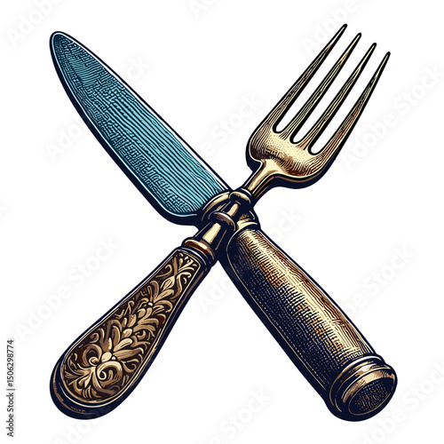 Vintage knife and fork crossed with ornate handles on white background  