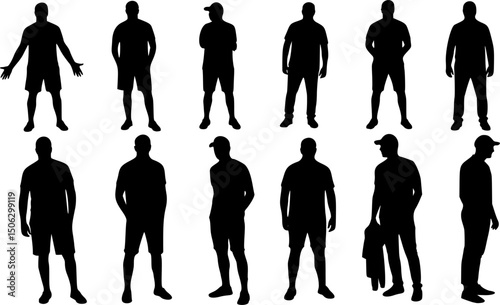 Vector silhouettes of men, illustration. Silhouettes of young people posing in casual clothes. EPS 10 version.