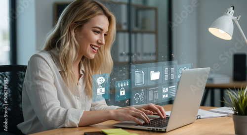 A smiling woman types on a laptop with floating icons in an office setting during daytime hours