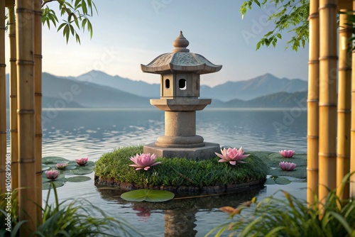 Zen garden lantern with lotus flowers on water background