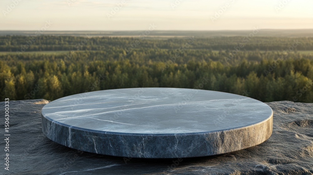 Fototapeta premium Marble Podium on Rock with Forest Backdrop for Product Showcase