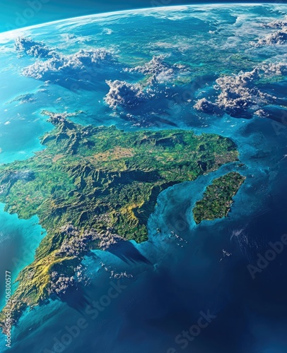 High-angle view of a landmass, likely Ireland, surrounded by ocean and clouds.  Land is various shades of green, with some brown and grey