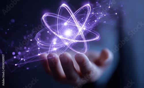 Glowing purple atom model held in a hand, surrounded by digital network connections against a dark background